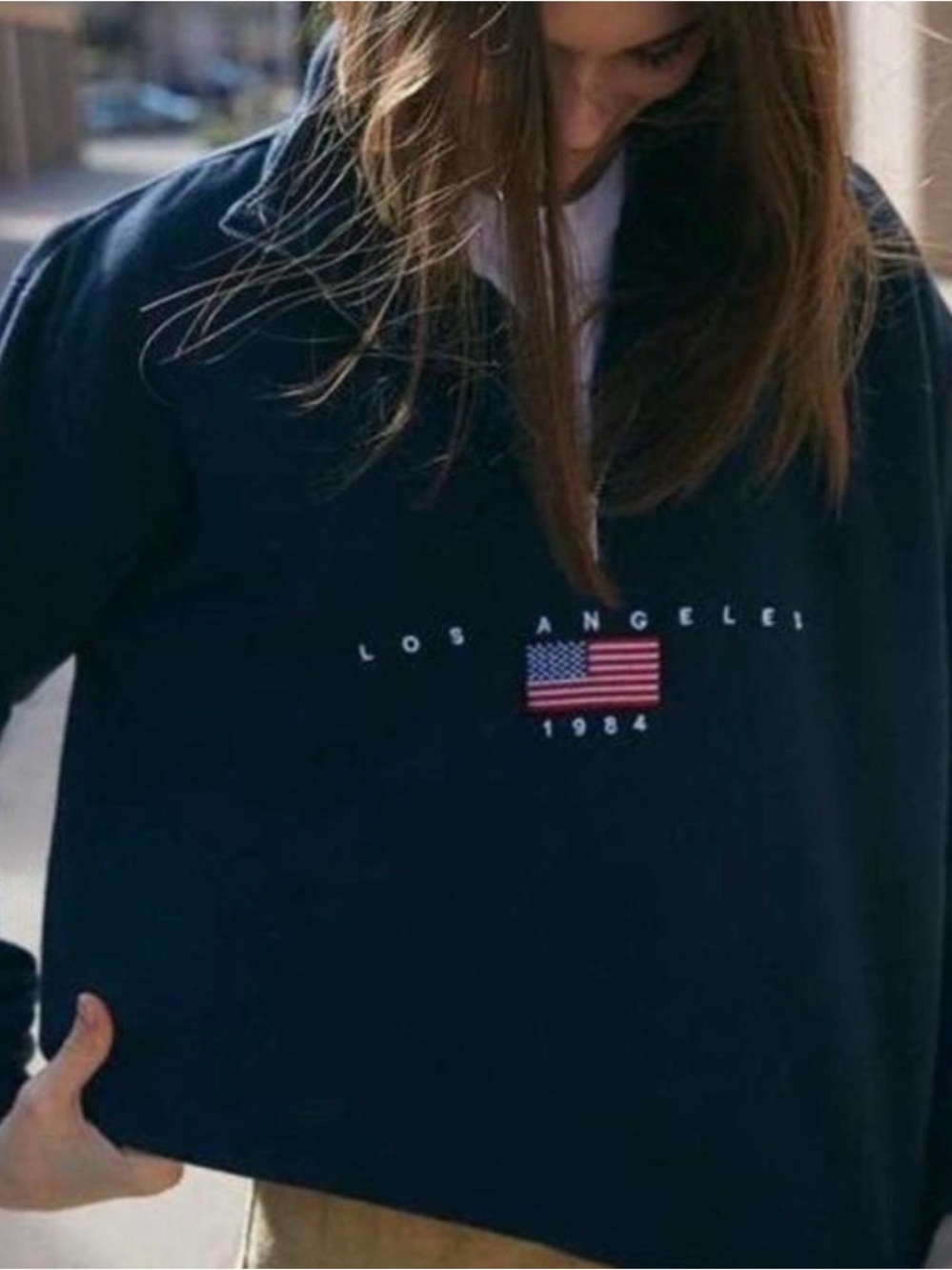 Brandy Melville John Galt Navy Crewneck with Los Angeles 1984 Flag Graphic M